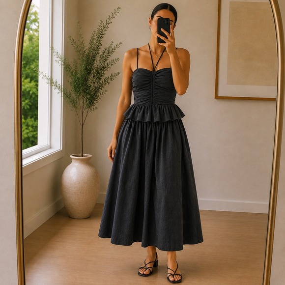 Ulla Johnson Dresses & Skirts - Ulla Johnson Anastasia Black Cotton Linen Ruched Peplum Midi Dress Size 6